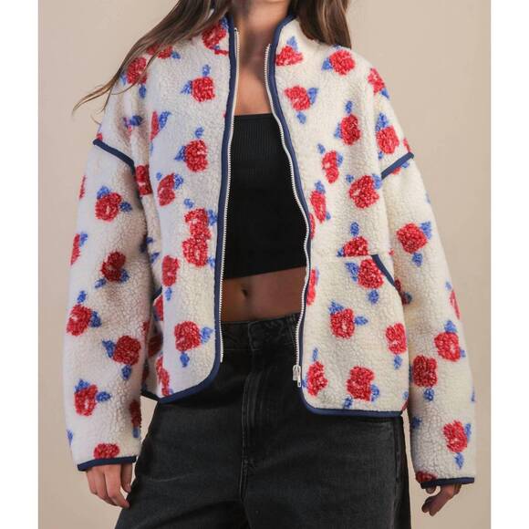 VERY J Jackets & Blazers - NEW VERY J floral printed fleece sherpa jacket in white